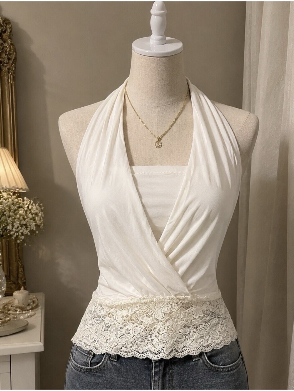 Studio Y White Maternity Halter Lace Trim Sleeveless Tank Top Pullover Size M